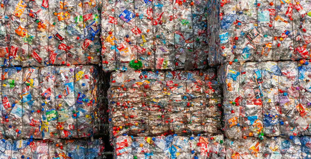 Recycled plastic bottles in bales