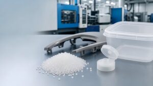 Close-up of polypropylene pellets and plastic containers in a manufacturing setting, highlighting PP material's use in packaging and industrial applications.