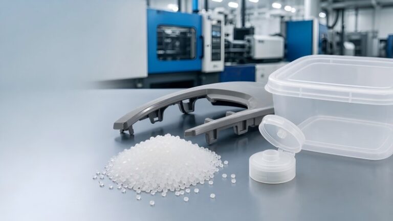 Close-up of polypropylene pellets and plastic containers in a manufacturing setting, highlighting PP material's use in packaging and industrial applications.