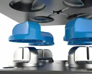 3D rendering of two-shot molded parts with a blue second-shot layer over a gray base part