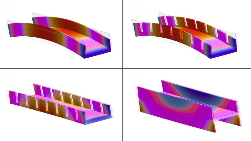 Quattro forme 3D in quadranti separati, ciascuna progettata in modo unico con curve e bordi, caratterizzati da sfumature viola, rosa e giallo.