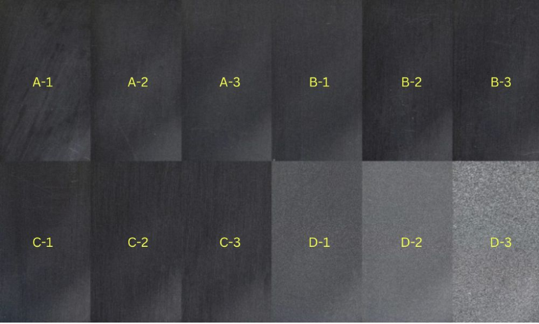 Uma grade de doze amostras de cores escuras rotuladas de A-1 a D-3, mostrando vários tons e texturas.