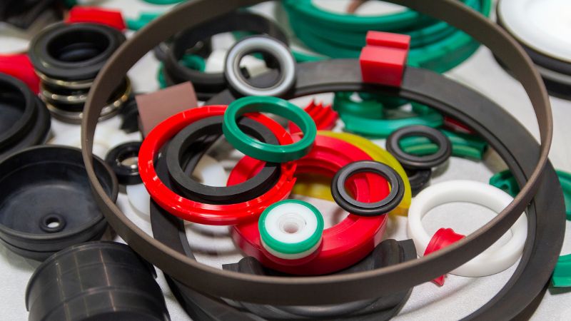 Various colored rubber seals and gaskets scattered on a surface.