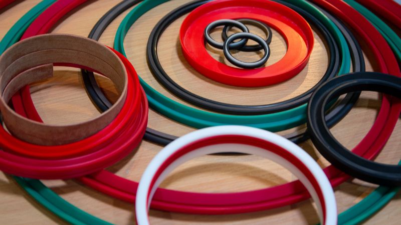 Colorful rubber rings and seals are arranged concentrically on a wooden surface.