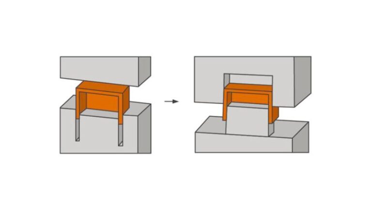 Diagramme de formage du métal : l'image de gauche montre le moule avant compression ; l'image de droite montre le moule et le métal déployé après compression.
