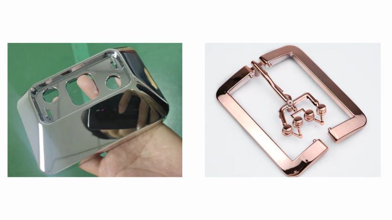 Two metal parts: left, a shiny silver piece in hand; right, a copper geometric shape with small elements.