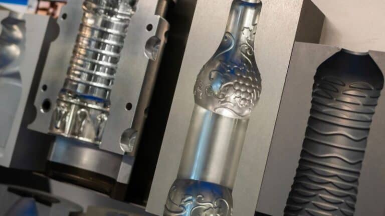 Close-up of metal molds showing detailed patterns used to shape plastic bottles.