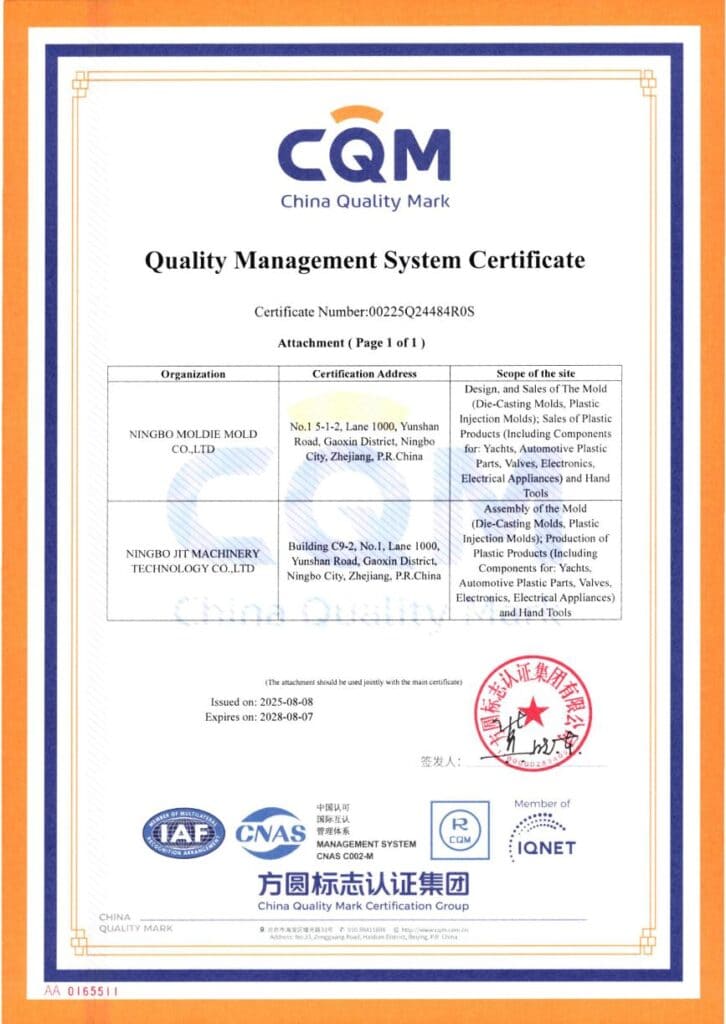 Certifikát manažérstva kvality pre spoločnosť Ningbo Mould Mold a JIT Machinery, platný od 8. 8. 2025 do 7. 8. 2028.