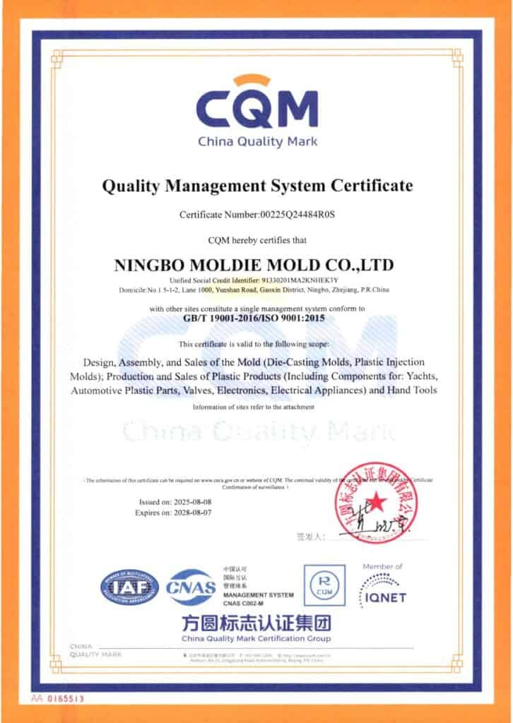 Certifikát značky kvality Číny pre Ningbo Moldie Mold, certifikácia ISO 9001:2015 pre návrh/výrobu foriem a plastových výrobkov.