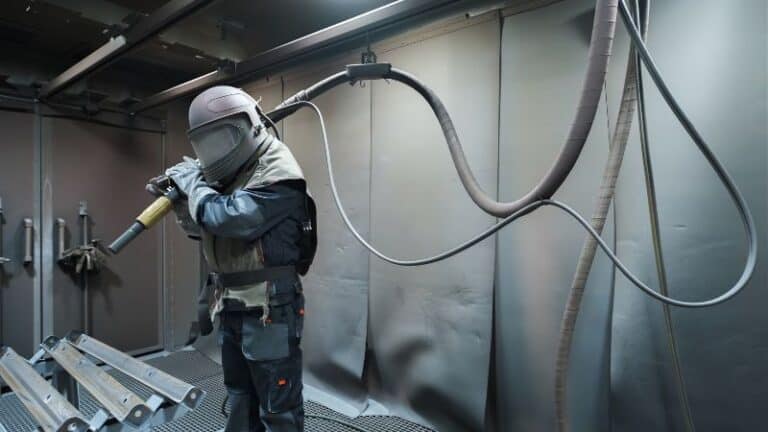 worker using tool to carry out shot blasting