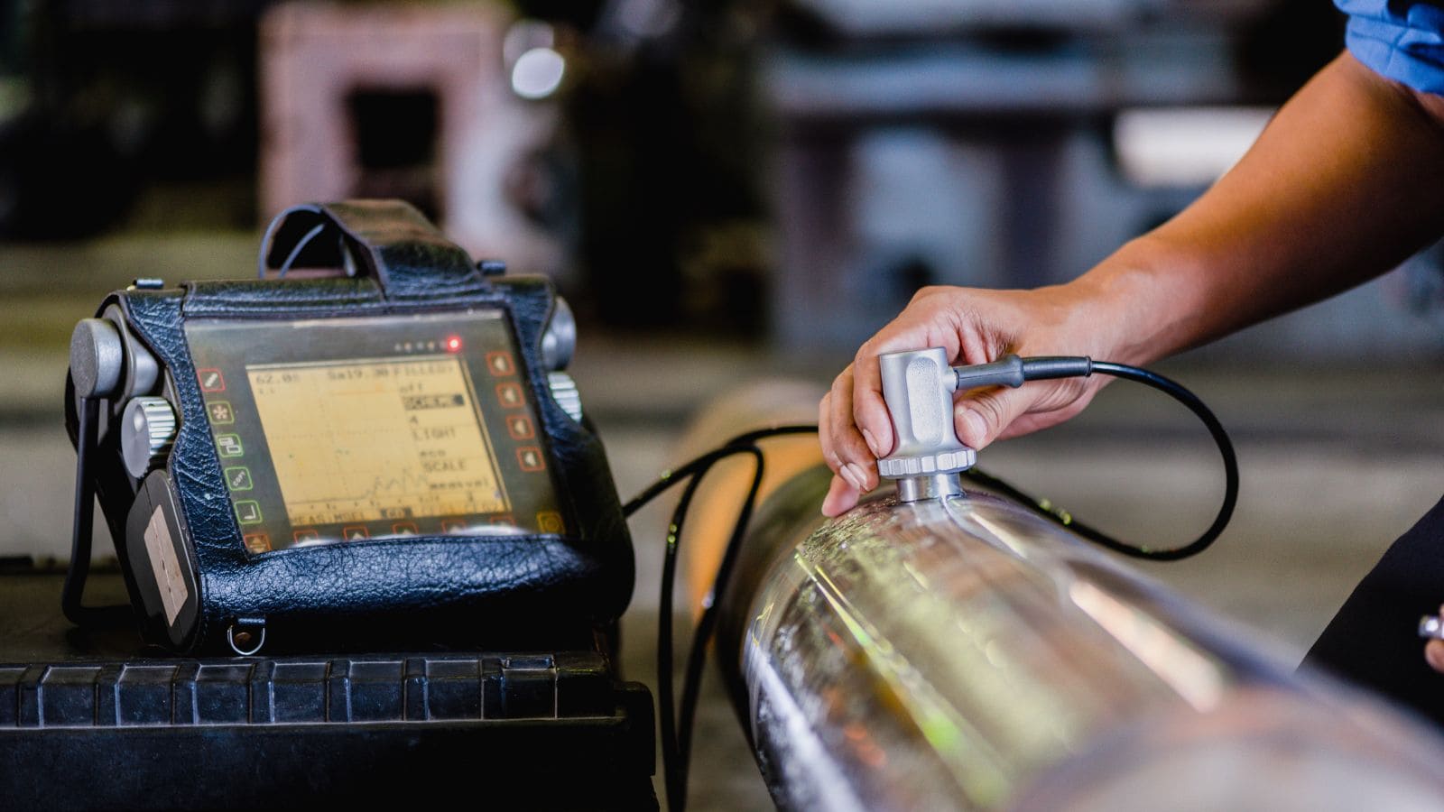 Close-up of a technician using a portable ultrasonic testing device to inspect a metal casting, ensuring quality and defect detection in the die casting process.
