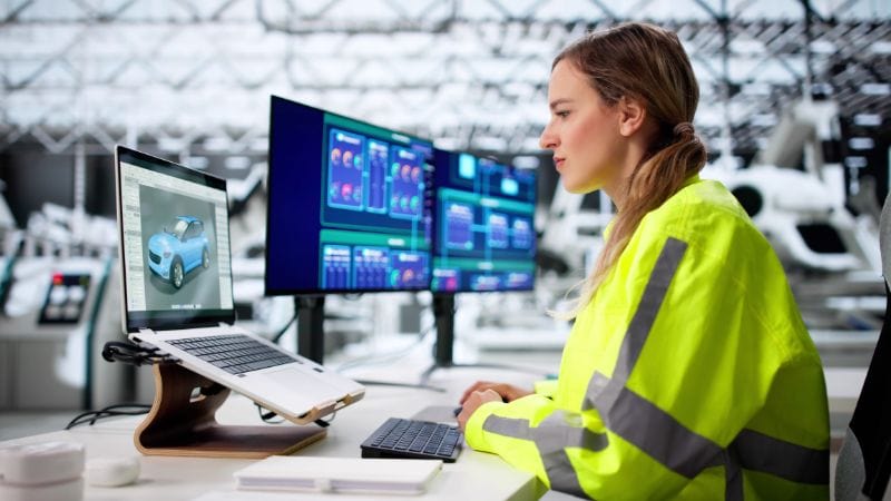Female engineer analyzing DFM manufacturing data on multiple screens in a high-tech industrial setting, emphasizing digital integration in manufacturing processes.