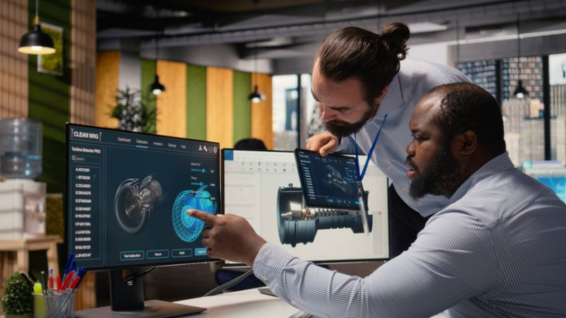 Two engineers analyzing digital manufacturing data on computer screens, focusing on DFM and DFA integration for improved production efficiency.