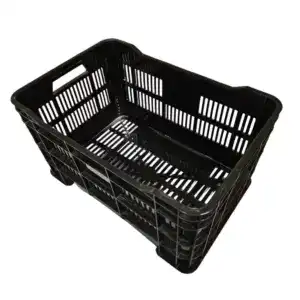 Plastic storage basket for organizing and stacking items in retail or warehouse settings. Durable black plastic container with ventilation slats for efficient storage solutions.