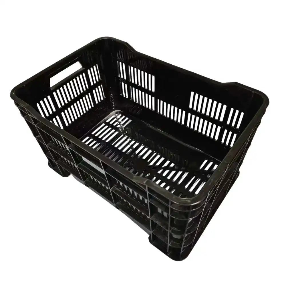 Plastic storage basket for organizing and stacking items in retail or warehouse settings. Durable black plastic container with ventilation slats for efficient storage solutions.