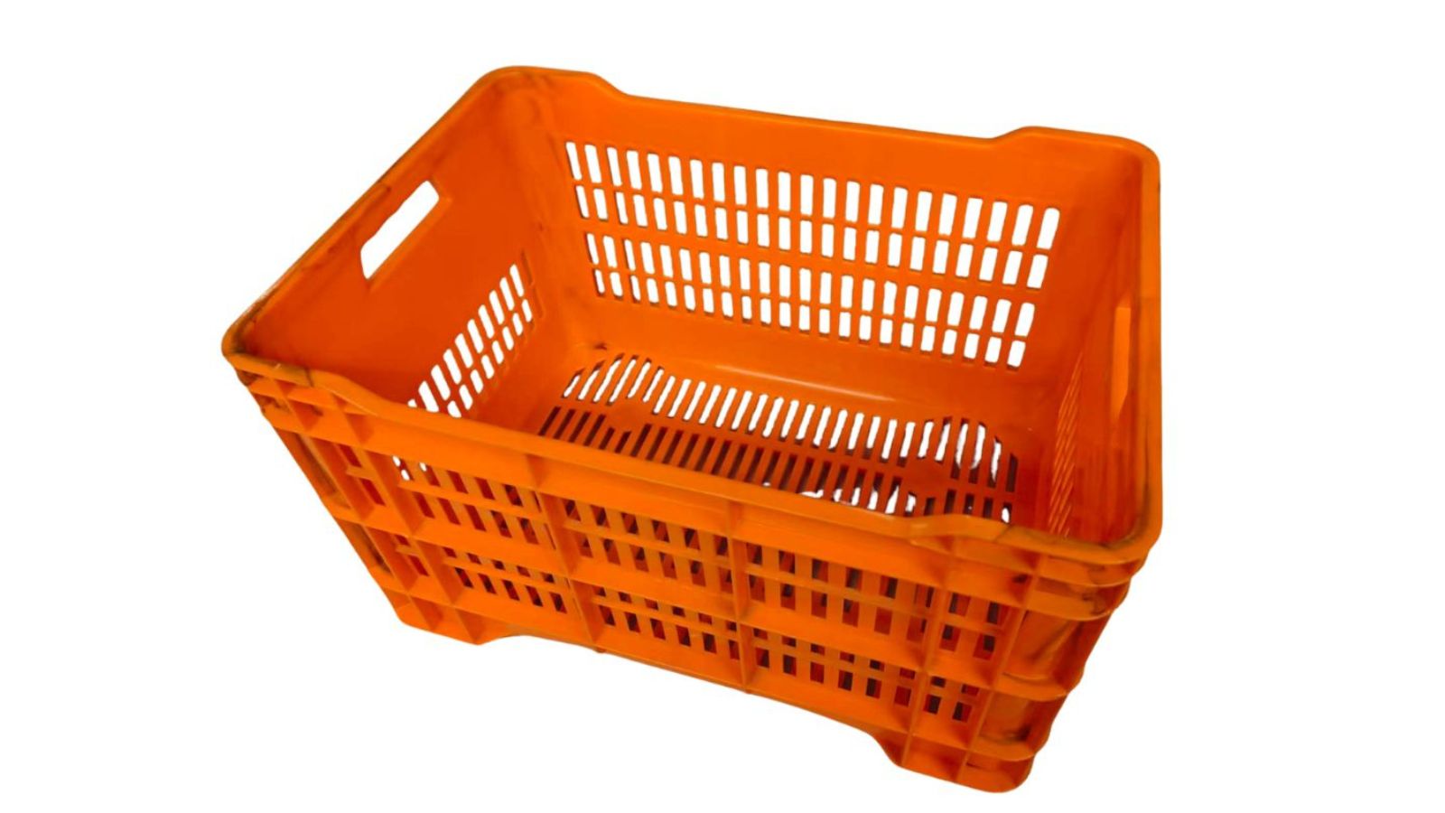 Bright orange plastic injection molded storage basket with ventilation holes, ideal for organizing and transporting items in industrial and retail settings.