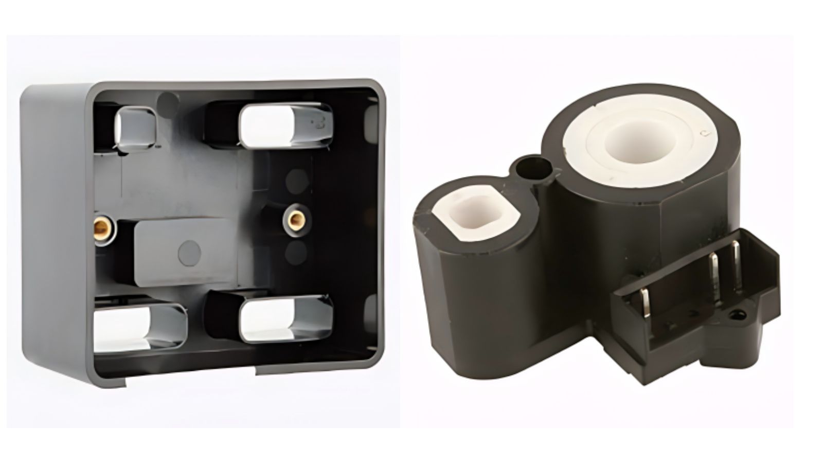Injection-molded plastic parts used in electronic device manufacturing, showcasing precision and durability in electrical enclosures and connectors.