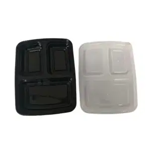 Versatile black and clear plastic food containers with multiple compartments, ideal for meal prep, leftovers, and on-the-go meals. Durable, lightweight, and microwave-safe for convenient use.