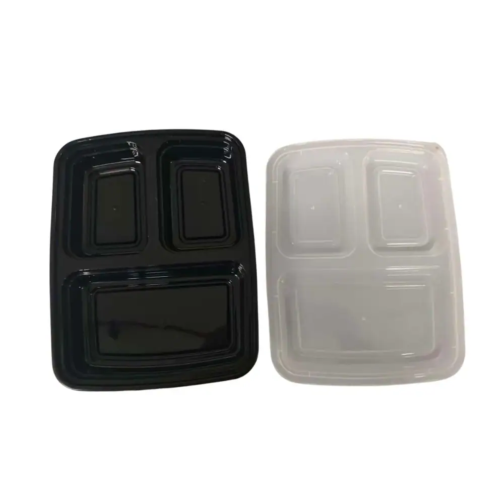 Versatile black and clear plastic food containers with multiple compartments, ideal for meal prep, leftovers, and on-the-go meals. Durable, lightweight, and microwave-safe for convenient use.