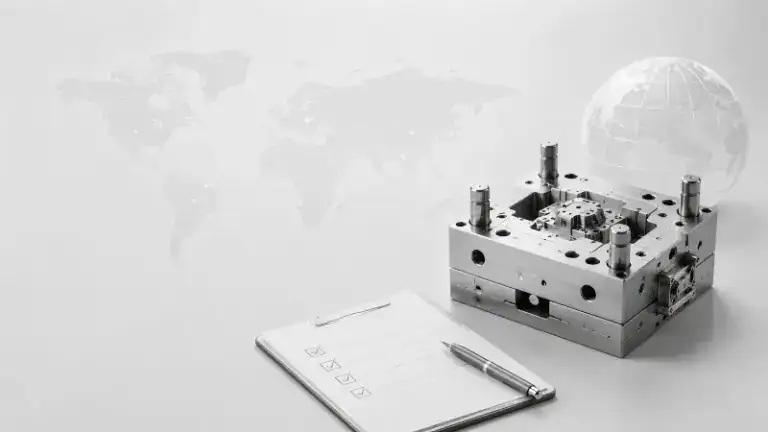 Close-up of a precision mold with a globe in the background, symbolizing international manufacturing and global trade.