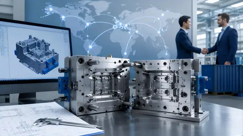 Two professionals shaking hands in a modern factory with mold machinery and a digital world map in the background.