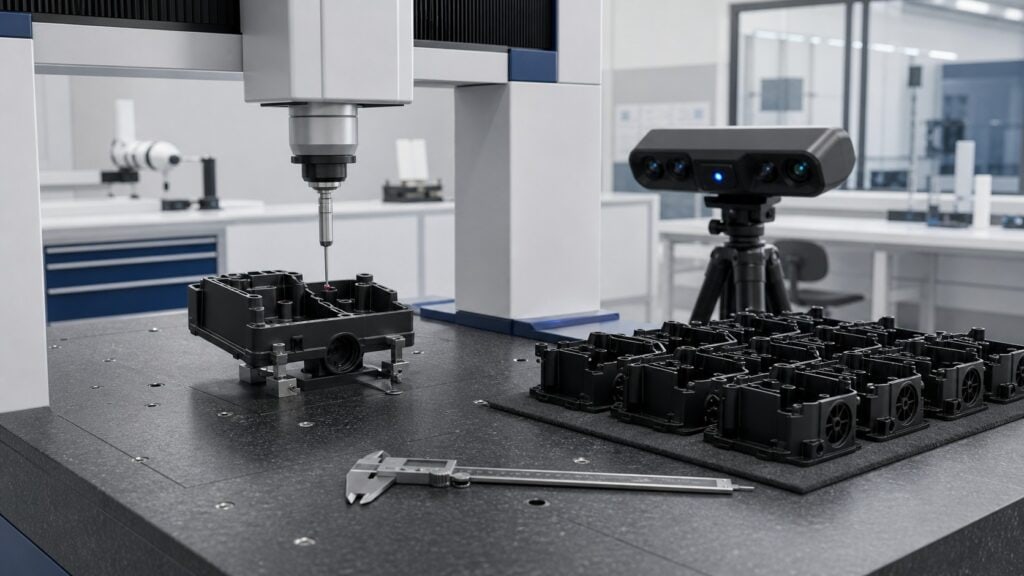 Coordinate measuring machine and 3D scanner inspecting injection molded plastic parts