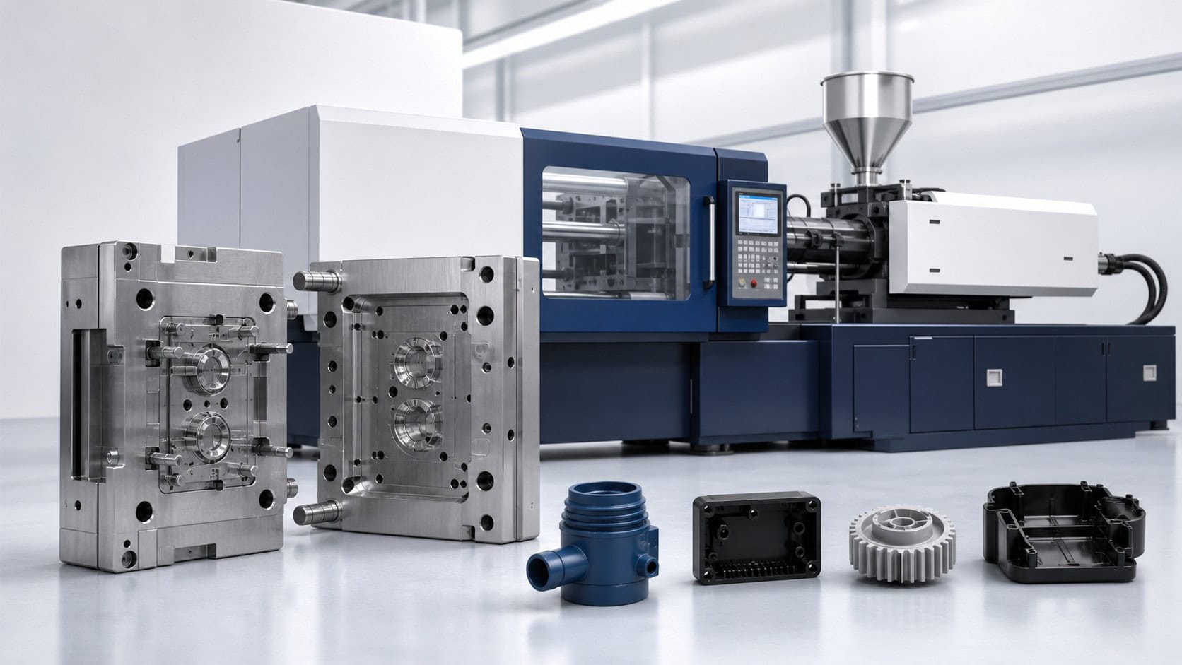 Custom injection molding machine with precision mold and finished plastic parts