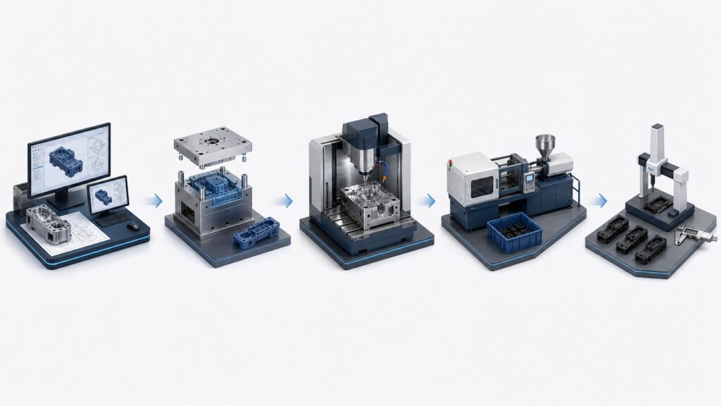 Custom injection molding workflow from engineering and mold making to production inspection