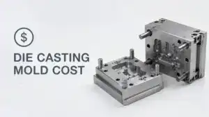 Close-up of a metal die casting mold with detailed components for manufacturing precision parts.