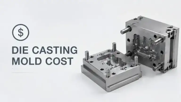 Close-up of a metal die casting mold with detailed components for manufacturing precision parts.