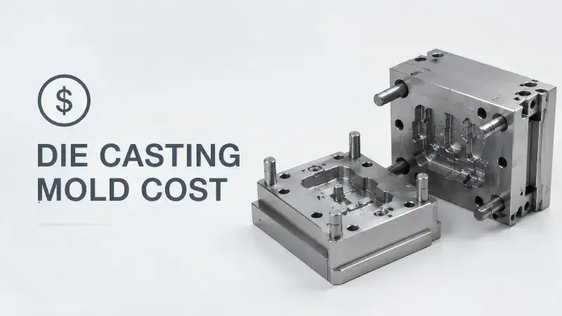 Close-up of a metal die casting mold with detailed components for manufacturing precision parts.