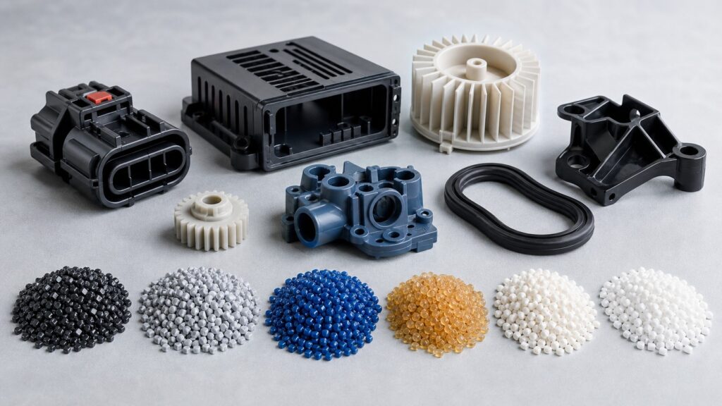 Injection molded plastic parts and resin pellets for automotive, electronics and industrial applications