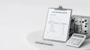 Close-up of an injection mold quote form on a clipboard with a calculator and mold component in the background, used for comparison and analysis.