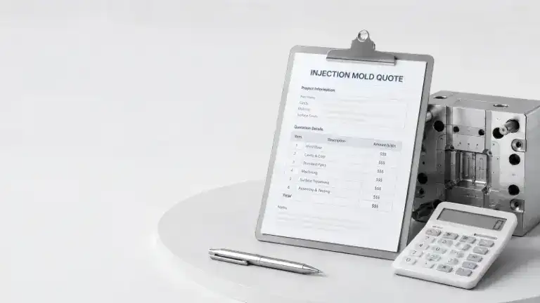 Close-up of an injection mold quote form on a clipboard with a calculator and mold component in the background, used for comparison and analysis.