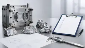 Metal die casting molds and a checklist on a clipboard for quality control and production planning.