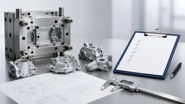 Metal die casting molds and a checklist on a clipboard for quality control and production planning.
