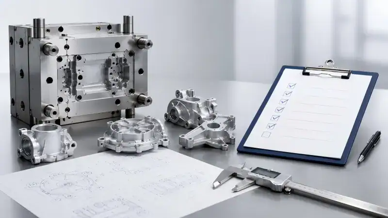 Metal die casting molds and a checklist on a clipboard for quality control and production planning.