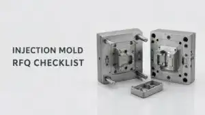 Close-up of injection mold components used in manufacturing, highlighting precision and quality for RFQ process.