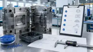 Precision injection mold manufacturing equipment with detailed tools and inspection checklist in a modern factory setting.
