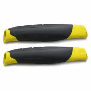 Two black and yellow twin-cavity airline cup mould tools for plastic manufacturing, designed for high precision and durability.