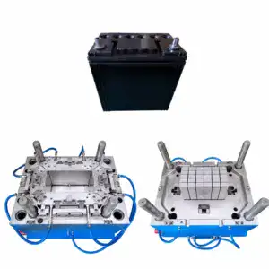 Injection mold for plastic battery box with detailed metal components and blue cooling channels, used in manufacturing processes.