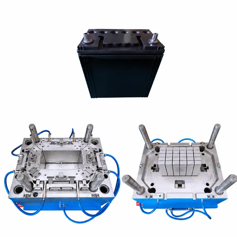 Injection mold for plastic battery box with detailed metal components and blue cooling channels, used in manufacturing processes.