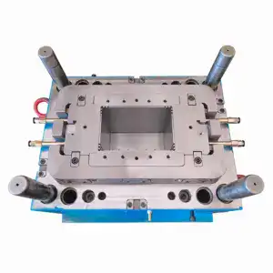 Injection mold for plastic battery box with detailed metal components and guiding pins for manufacturing.
