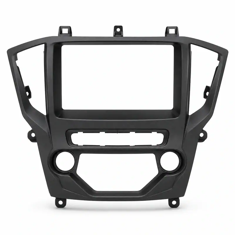 Injection mold for automotive center control panel, designed for precise fit and durability in vehicle dashboards.