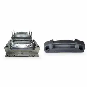 High-precision automotive front bumper injection mold and plastic bumper cover prototype for car manufacturing.
