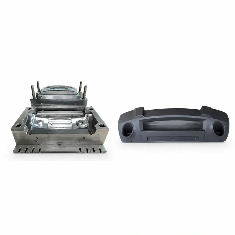 High-precision automotive front bumper injection mold and plastic bumper cover prototype for car manufacturing.