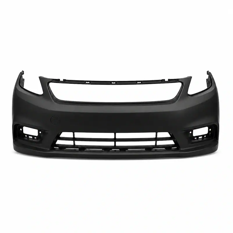 Automotive front bumper injection mold, black plastic, designed for manufacturing vehicle front bumpers, with detailed cavity and mold features.