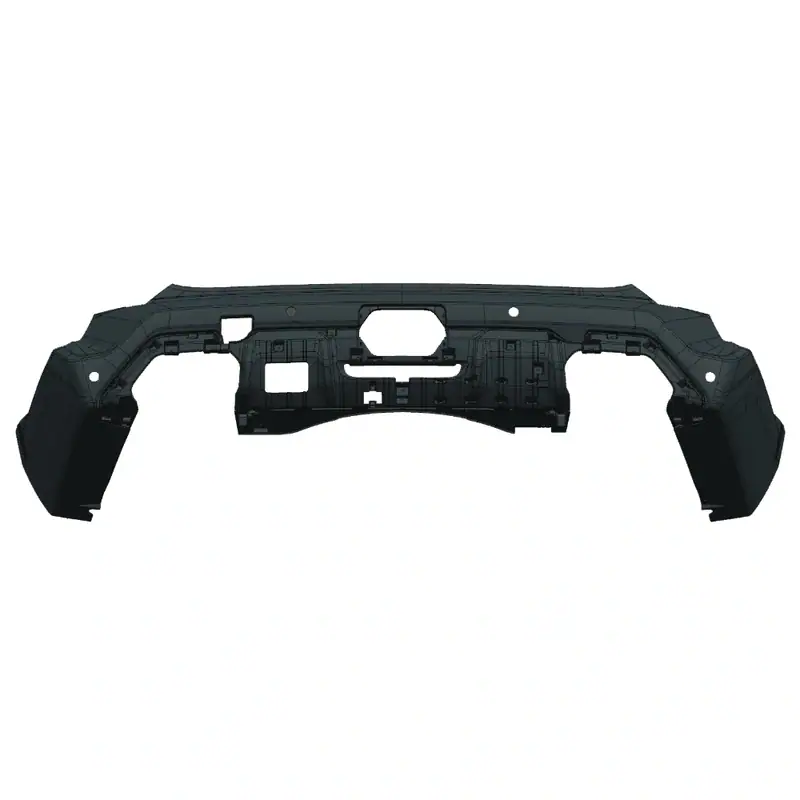 Automotive rear bumper injection mold for car manufacturing, showcasing detailed plastic component for vehicle assembly.