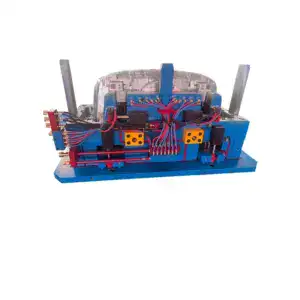Automotive rear bumper injection mold with detailed wiring and components for manufacturing process.