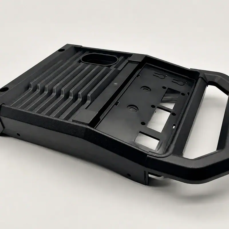Injection mold for automotive control panel, showcasing detailed cavity and structural features for manufacturing precision.